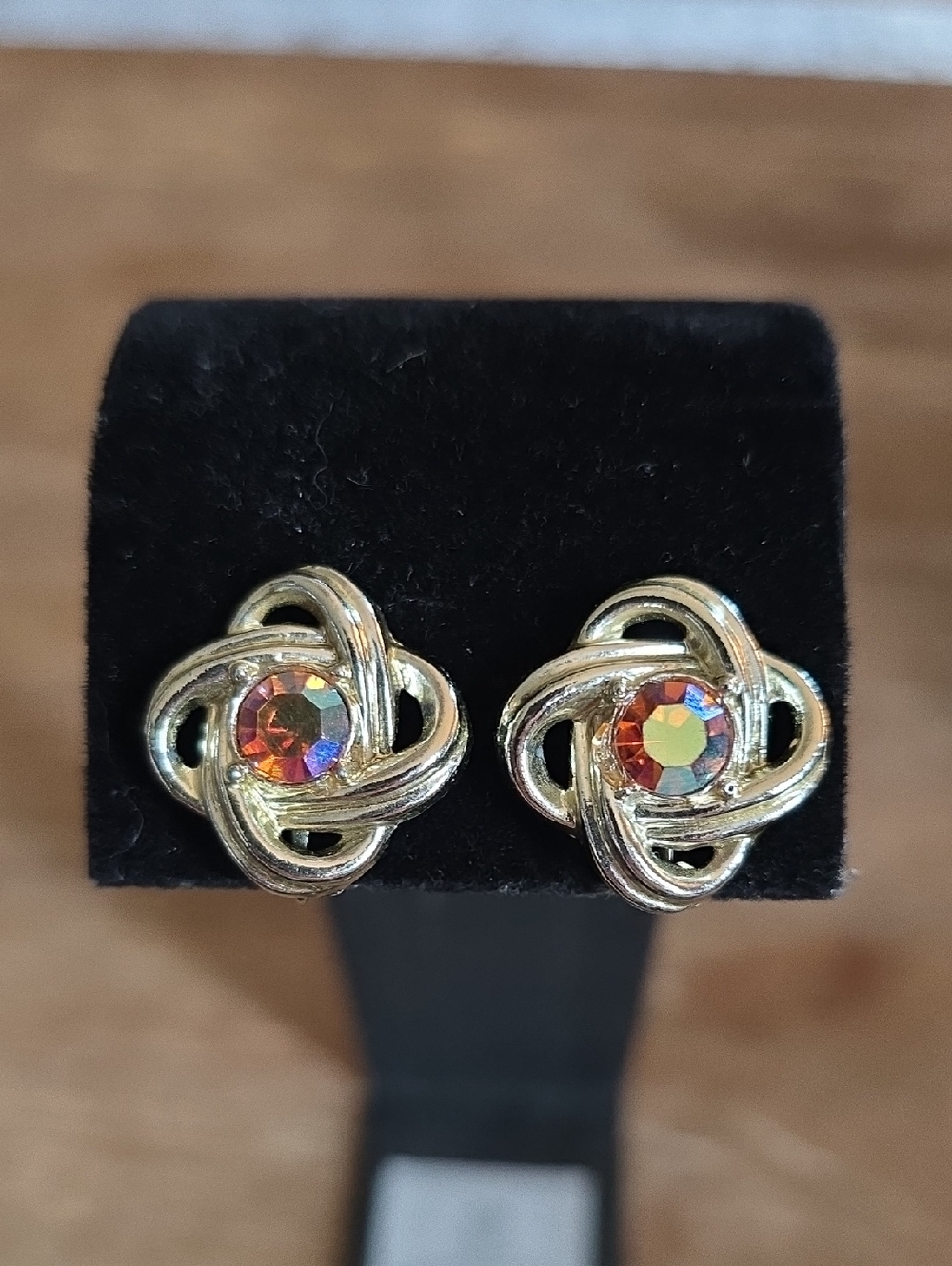Silver Knot Vintage Screw-on Earrings with Aurora Crystal Center